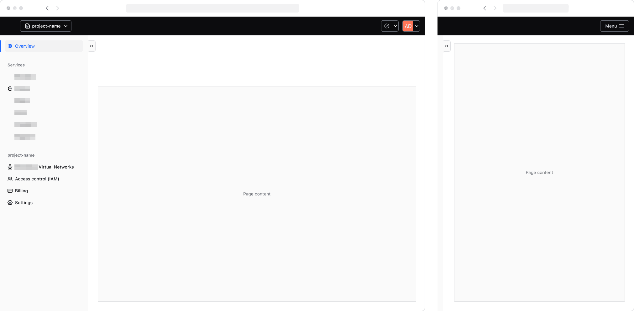 Two viewports: a desktop with the App Side Nav expanded and a smaller screen with it collapsed by default.