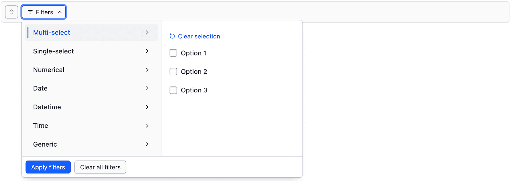 Filter bar with the dropdown opened