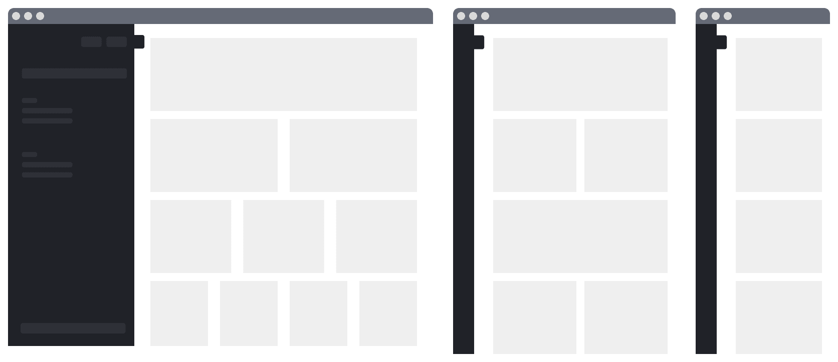 Diagram depicting "large", "medium", and "small" screen sizes displaying a varying number of columns in rows of content blocks.